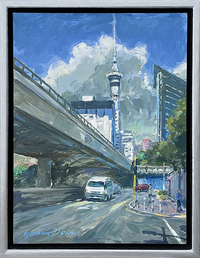Graham Downs nz landscape artist, skytower, oil on canvas